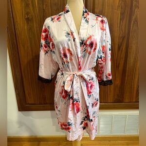 NWOT Pink Satin Floral Robe | Silky Kimono Bridal Getting Ready S M